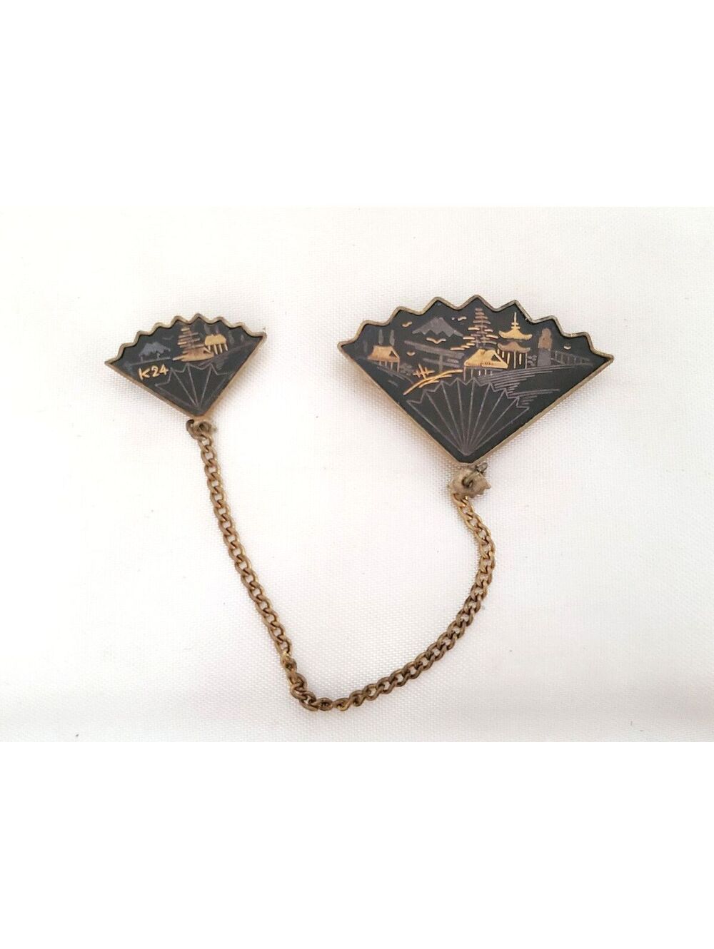 Vintage Japanese Amita Black K24 Gold-tone Damascene Fan Brooch Set